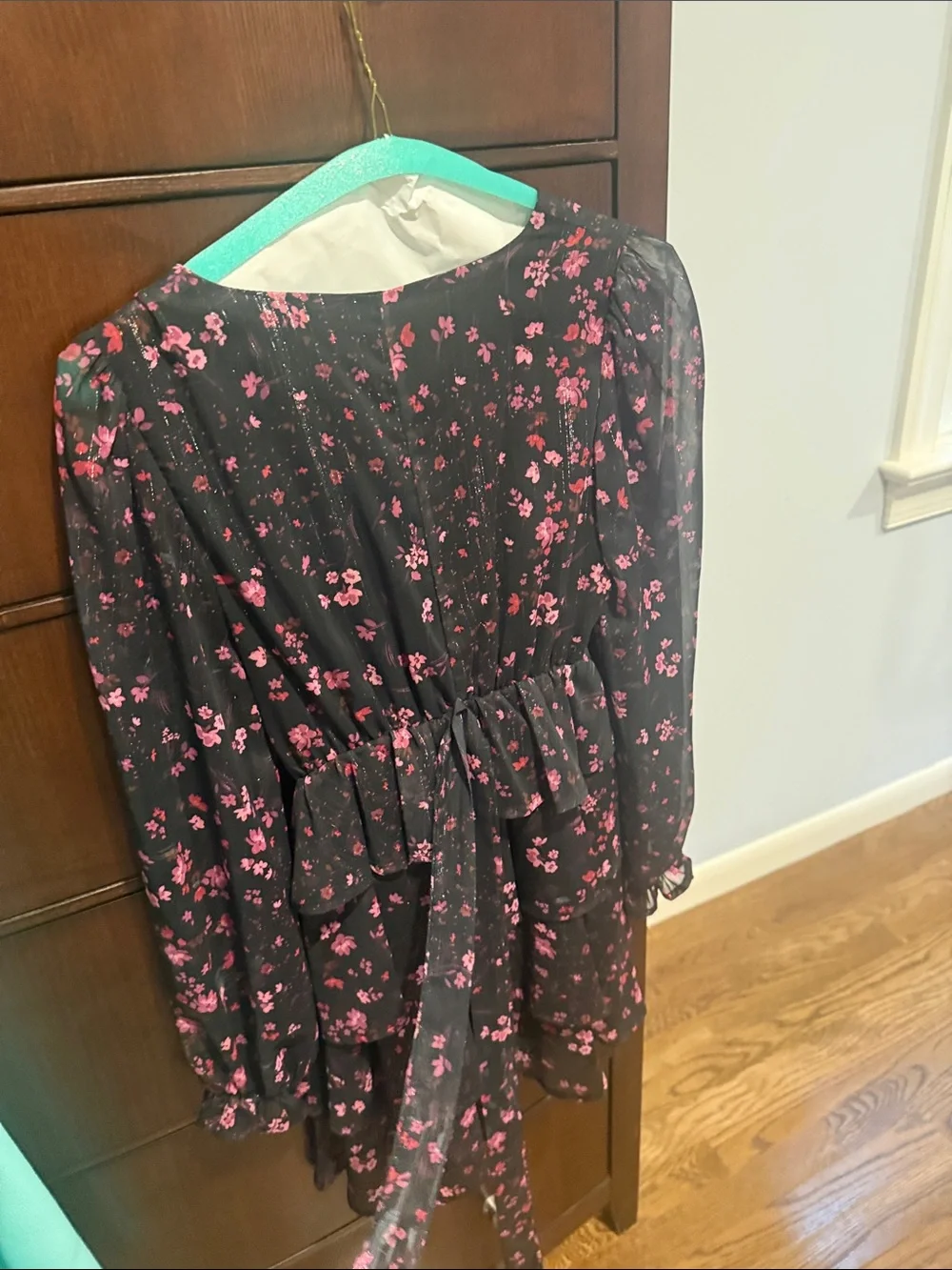 Aqua Black V-Neck Tiered Tunic with Pink Floral Print